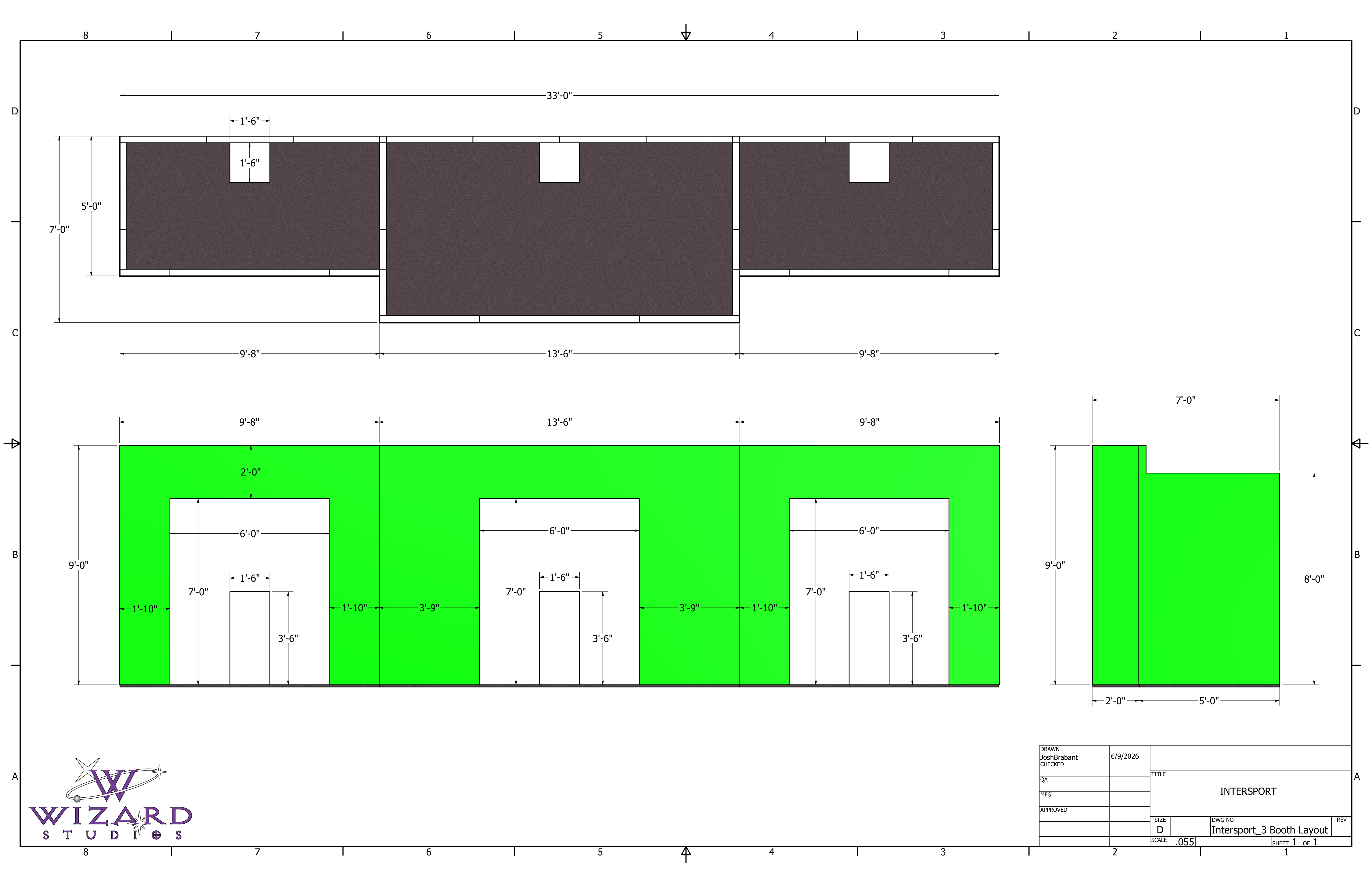 The build drawing — dimensioned plan and elevations, 33'-0" three-booth set