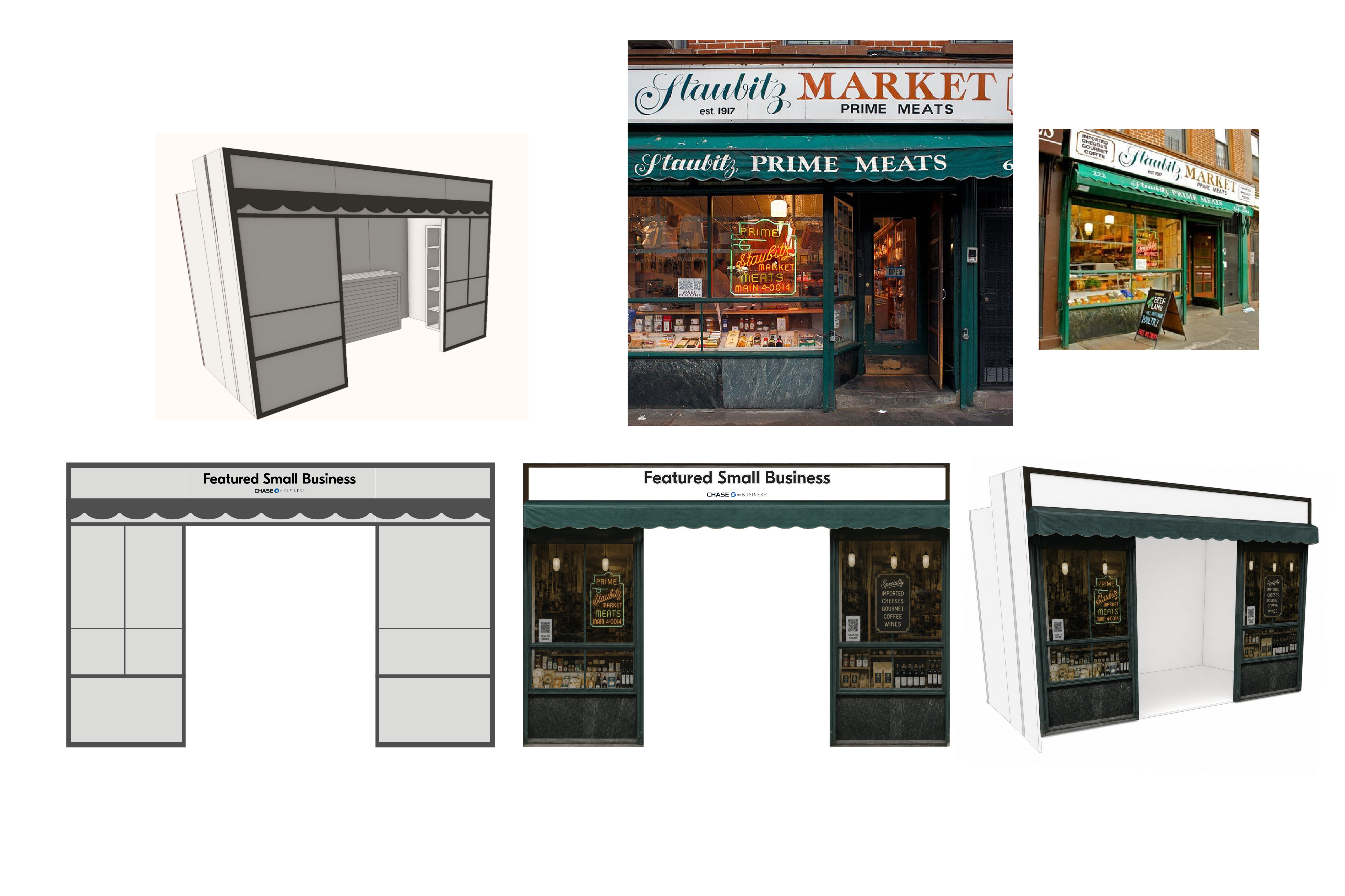 Northeast booth: chassis, reference, CNC applique elevation, and full photoreal prop-out