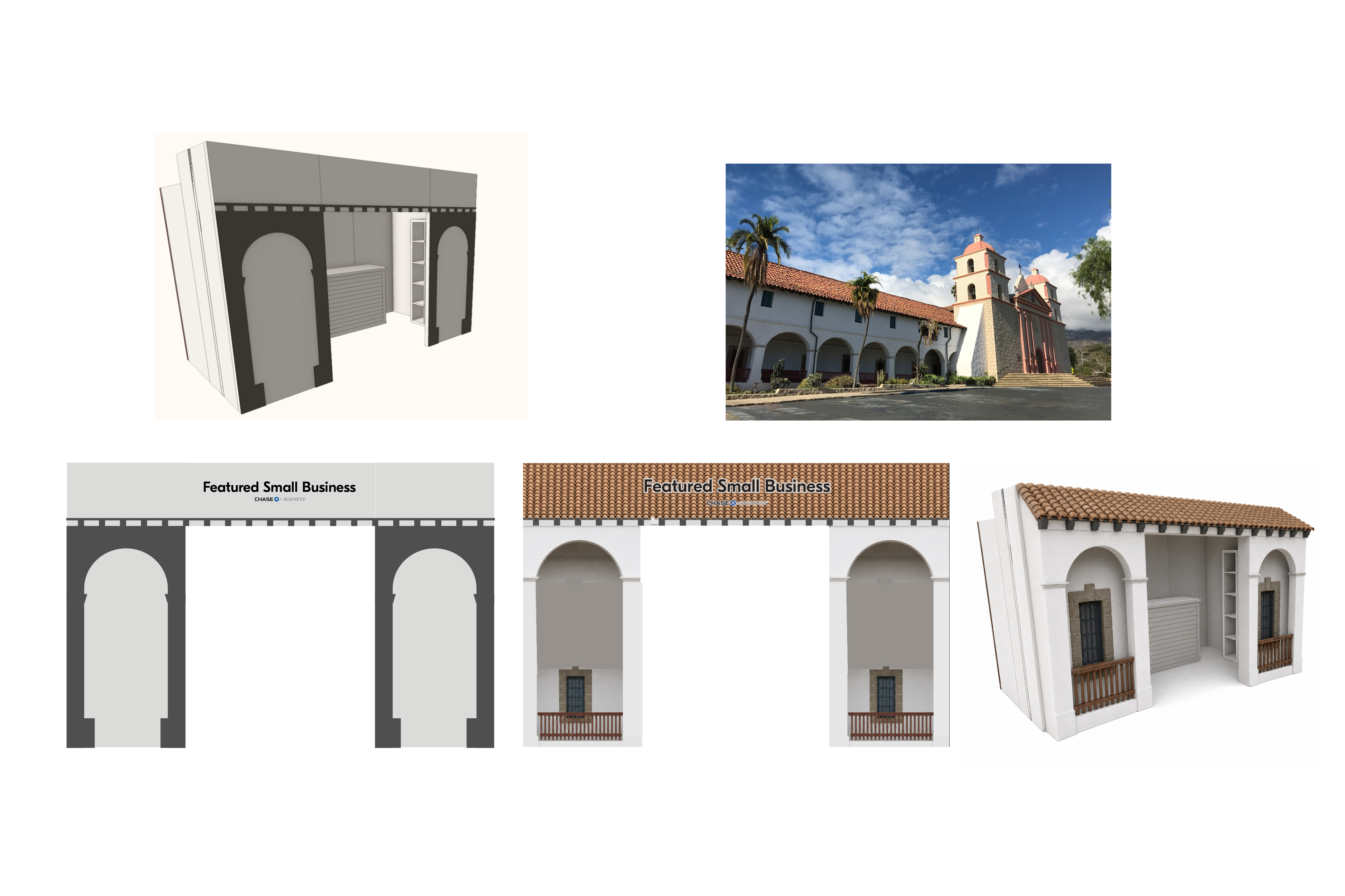 California booth: chassis, mission reference, CNC applique elevation, and full photoreal prop-out