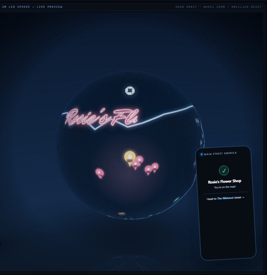 Rosie's Flower Shop, written in neon on the sphere — the pin landing live