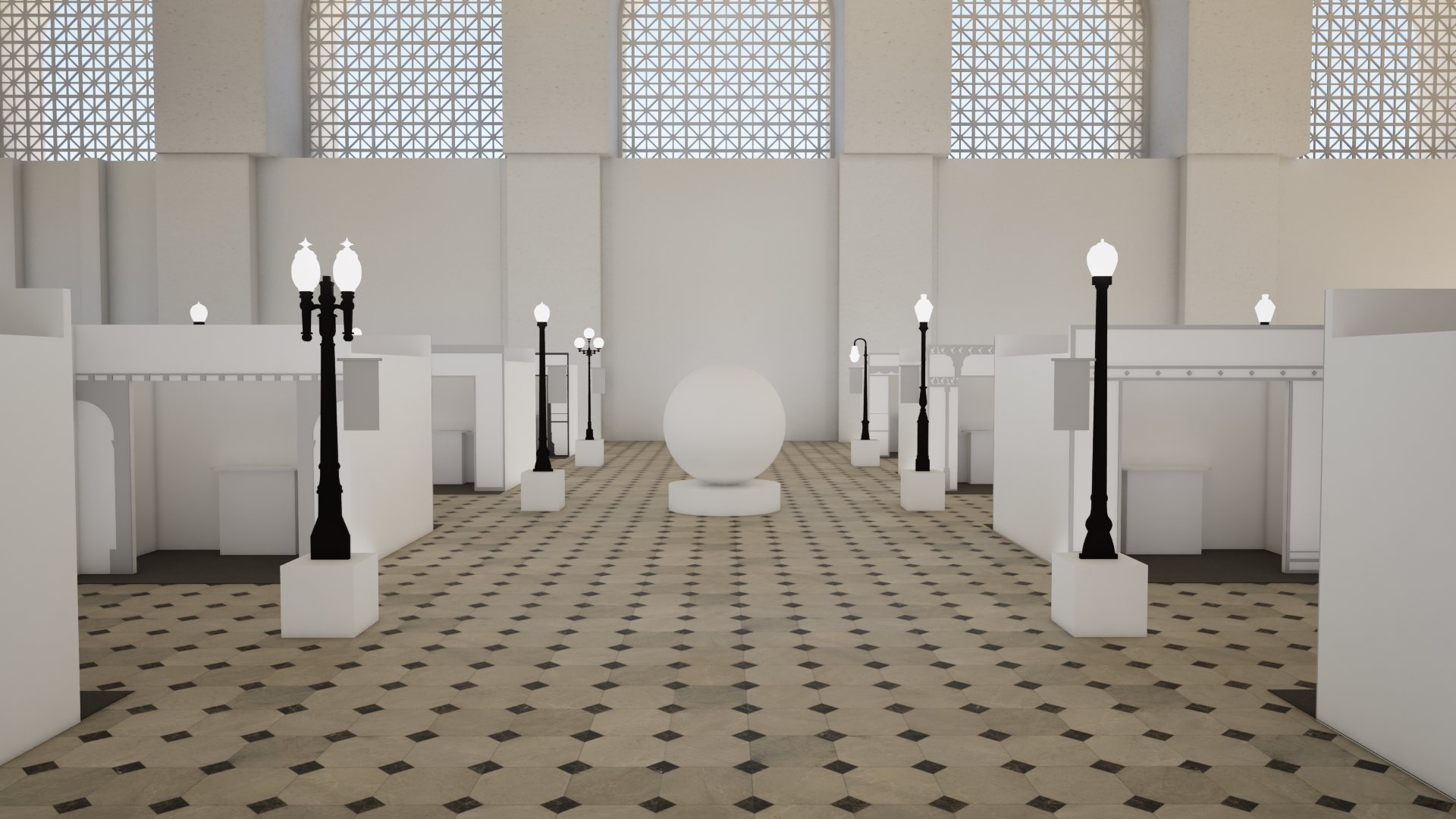 Walking in through the doors on Massachusetts Avenue — the street and the sphere ahead