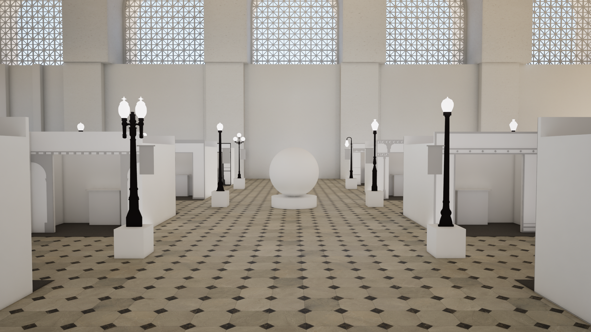 Walking in through the doors on Massachusetts Avenue — the street and the sphere ahead