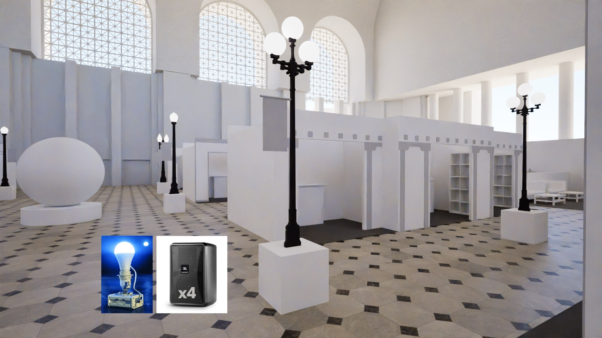 The regional lamppost on the street — render, with bulb and speaker spec photos