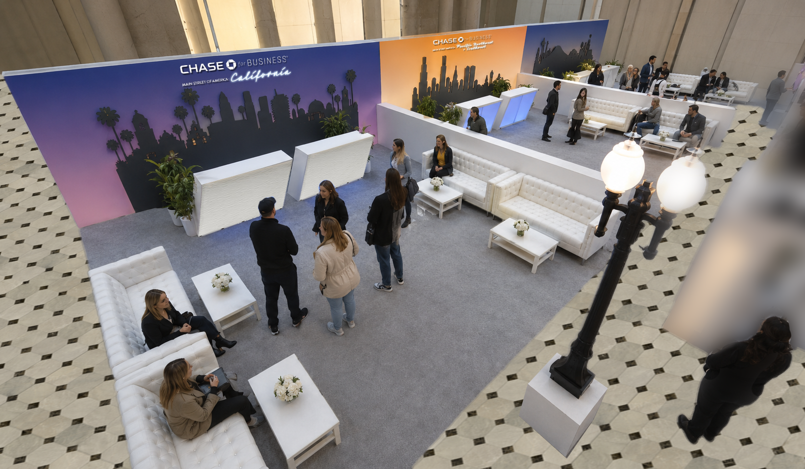 Workshop zones — California and Midwest backdrops, soft seating, the lamppost line