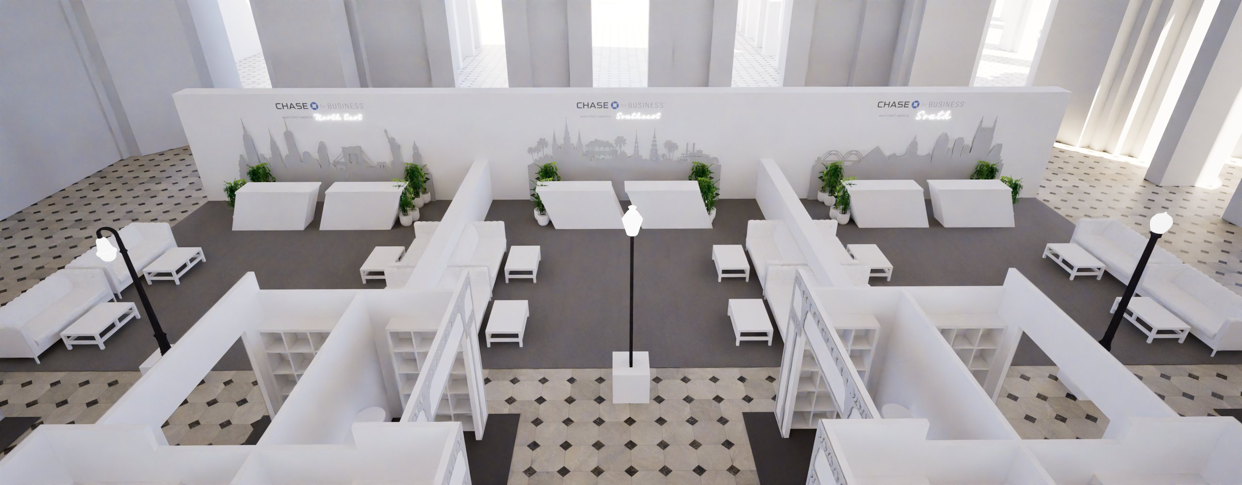 Workshop zones — wide white model view
