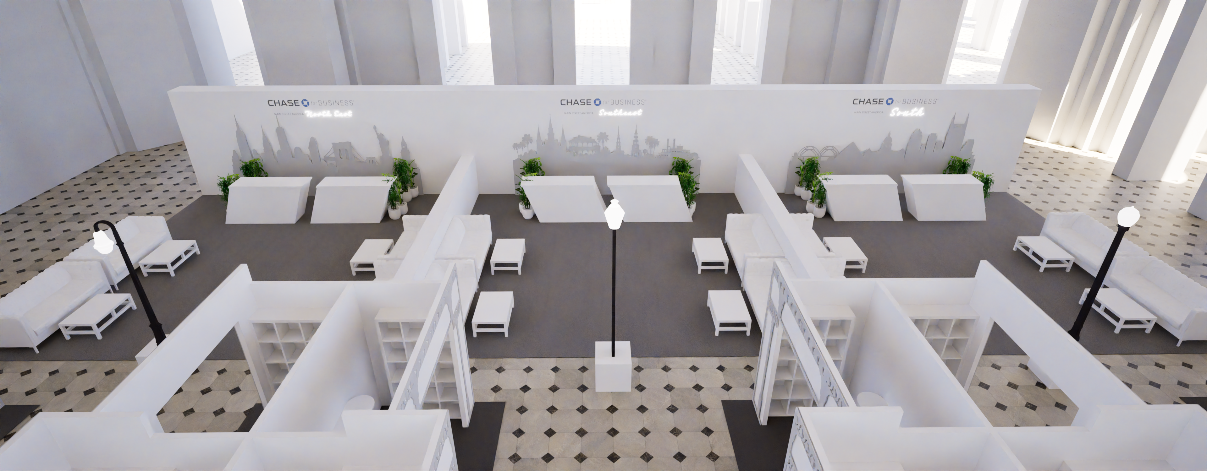 Workshop zones — wide white model view