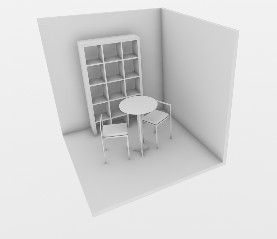 The coaching booth — 8 by 8 interior with shelving, table, and two chairs