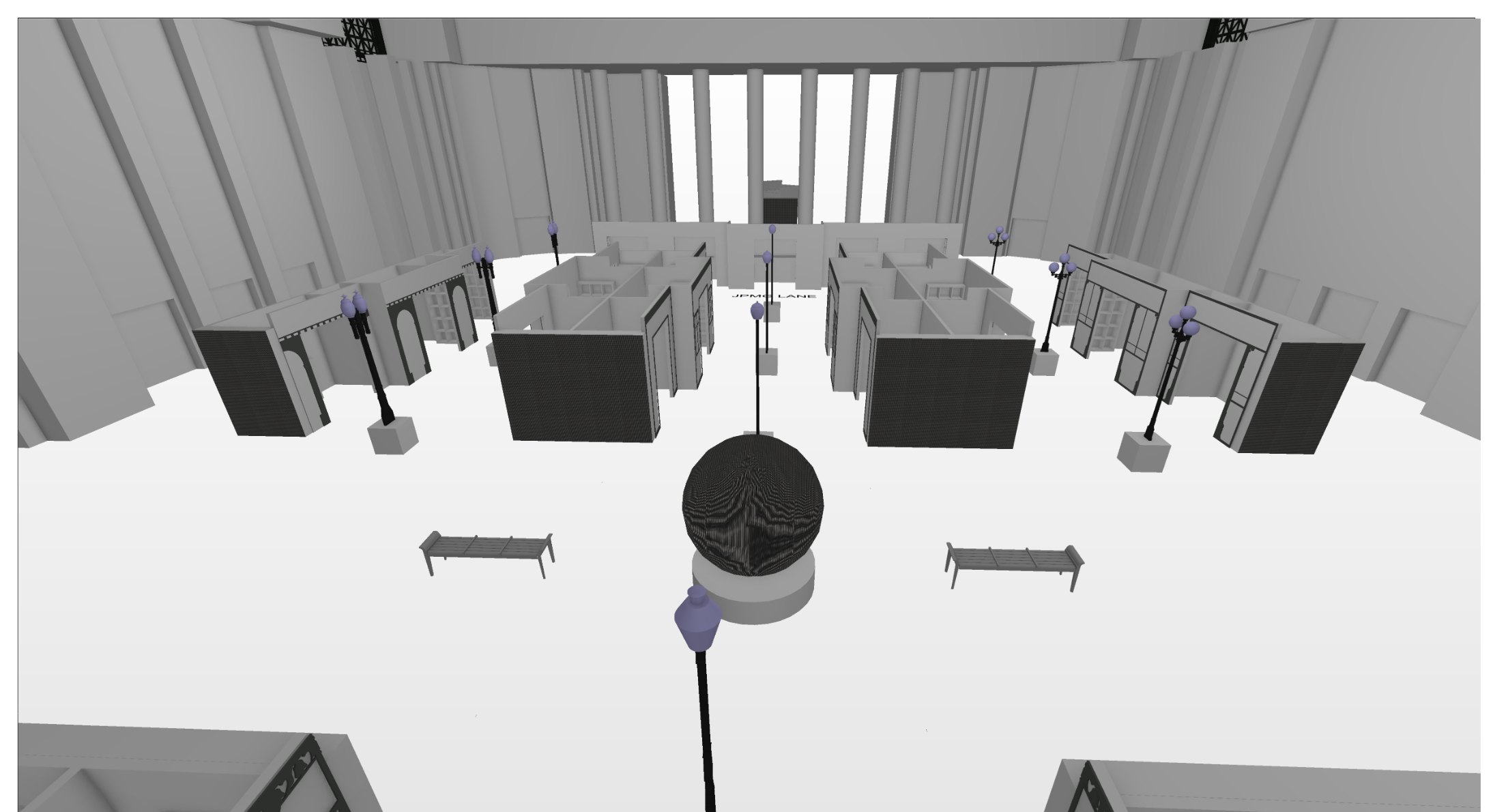 Option 3 — centered sphere with LED end caps on the exhibitor rows