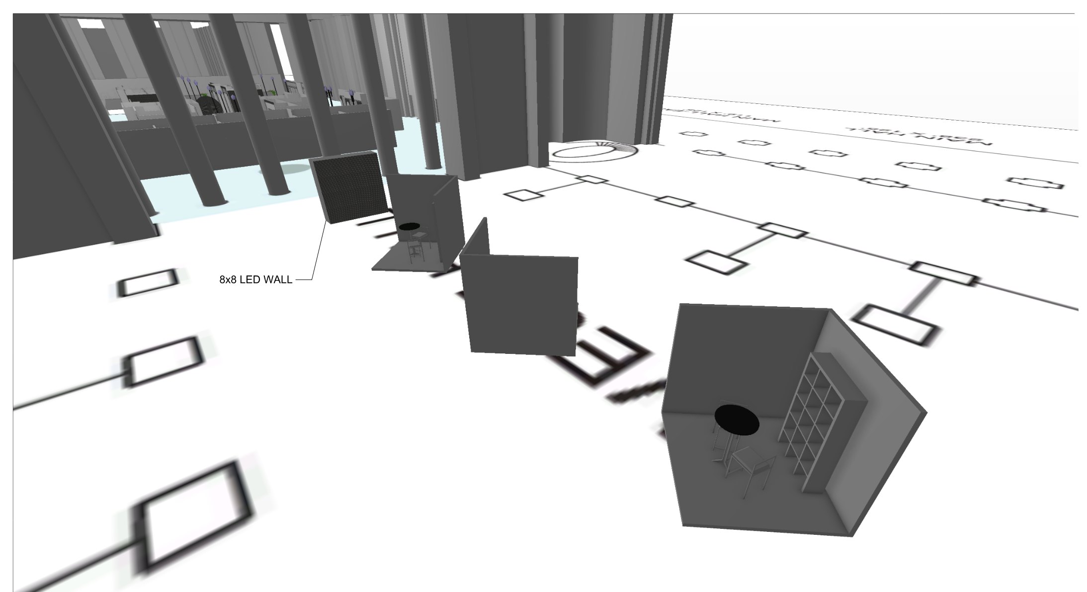 West Hall coaching booths — model view with the 8x8 LED wall